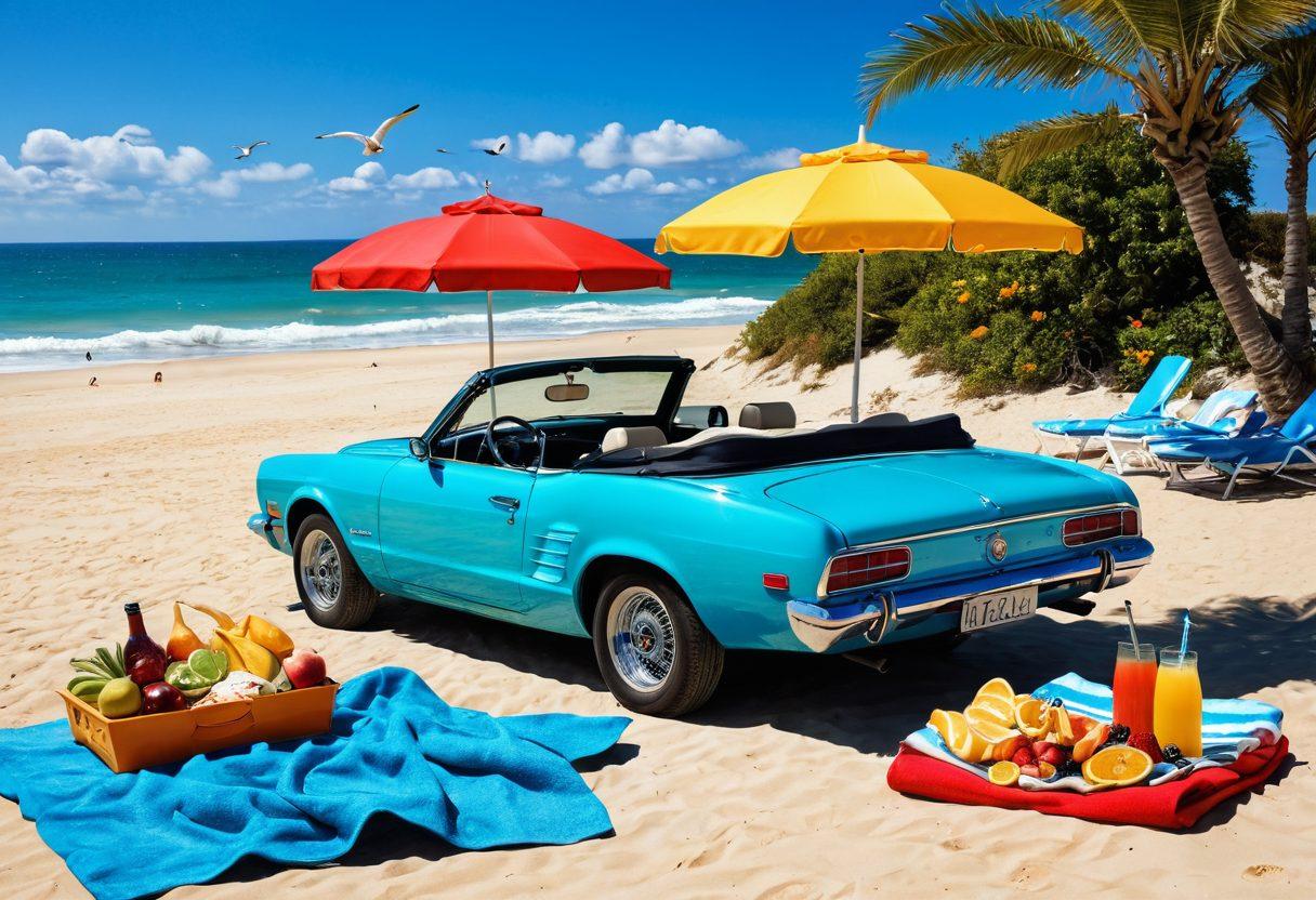 A beautiful beach scene featuring a stylish convertible car parked on golden sands, with sunbathers in vibrant outdoor clothing enjoying the sun. In the foreground, colorful beach accessories like towels and umbrellas are scattered, creating a summery vibe. The sky is bright blue with fluffy clouds and a few seagulls flying around. Incorporate a stylish picnic setup beside the car, showcasing summer fruits and drinks. super-realistic. vibrant colors. beach setting.