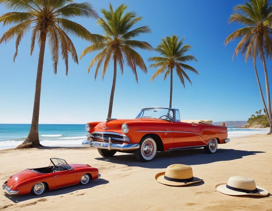 A vibrant beach scene featuring a stylish array of beachwear laid out on a sandy shoreline, with a classic convertible car parked nearby, sun hats and sunglasses resting on the dashboard. Palm trees sway in the background under a clear blue sky while waves gently lap at the shore. The scene captures the essence of summer adventures and coastal lifestyle. super-realistic. vibrant colors. bright sunny atmosphere.