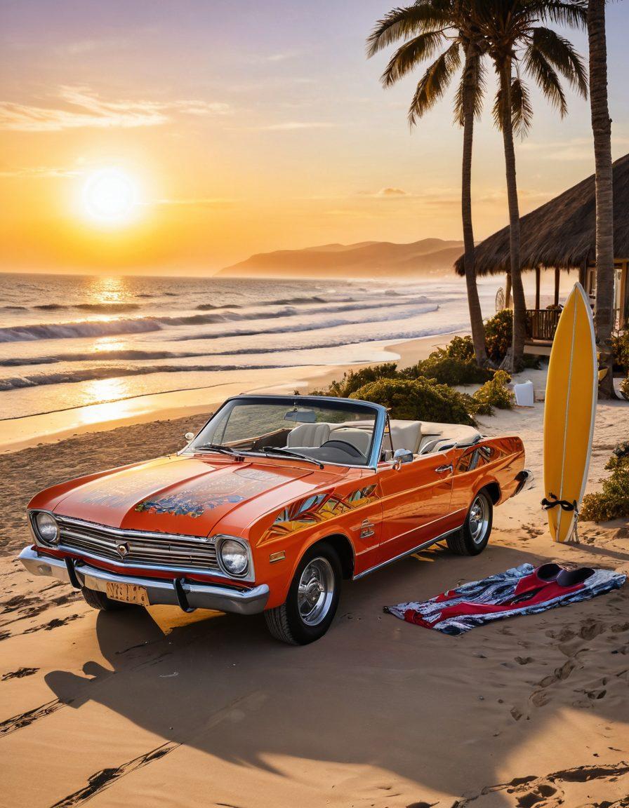 A stylish beach scene featuring a beautifully decorated convertible parked on a sandy shore, surrounded by beachwear hanging on a clothesline. The sun is setting, casting a golden glow over the scene, while a vibrant surfboard leans against the car. Gorgeous models are showcasing trendy swimwear and sunglasses, embodying a sense of adventure and luxury. Bright colors and fun patterns are emphasized to evoke excitement for road trips. super-realistic. vibrant colors. sunset background.